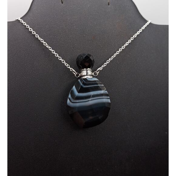 Solid Black White Agate Perfume Oil Bottle Necklace with Sterling Silver Chain - Picture 1 of 5